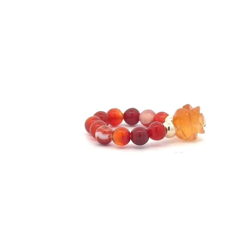 Red Agate Flower Gemstone Beads Stretch Ring with 14K Gold Bead - Picture 5 of 7